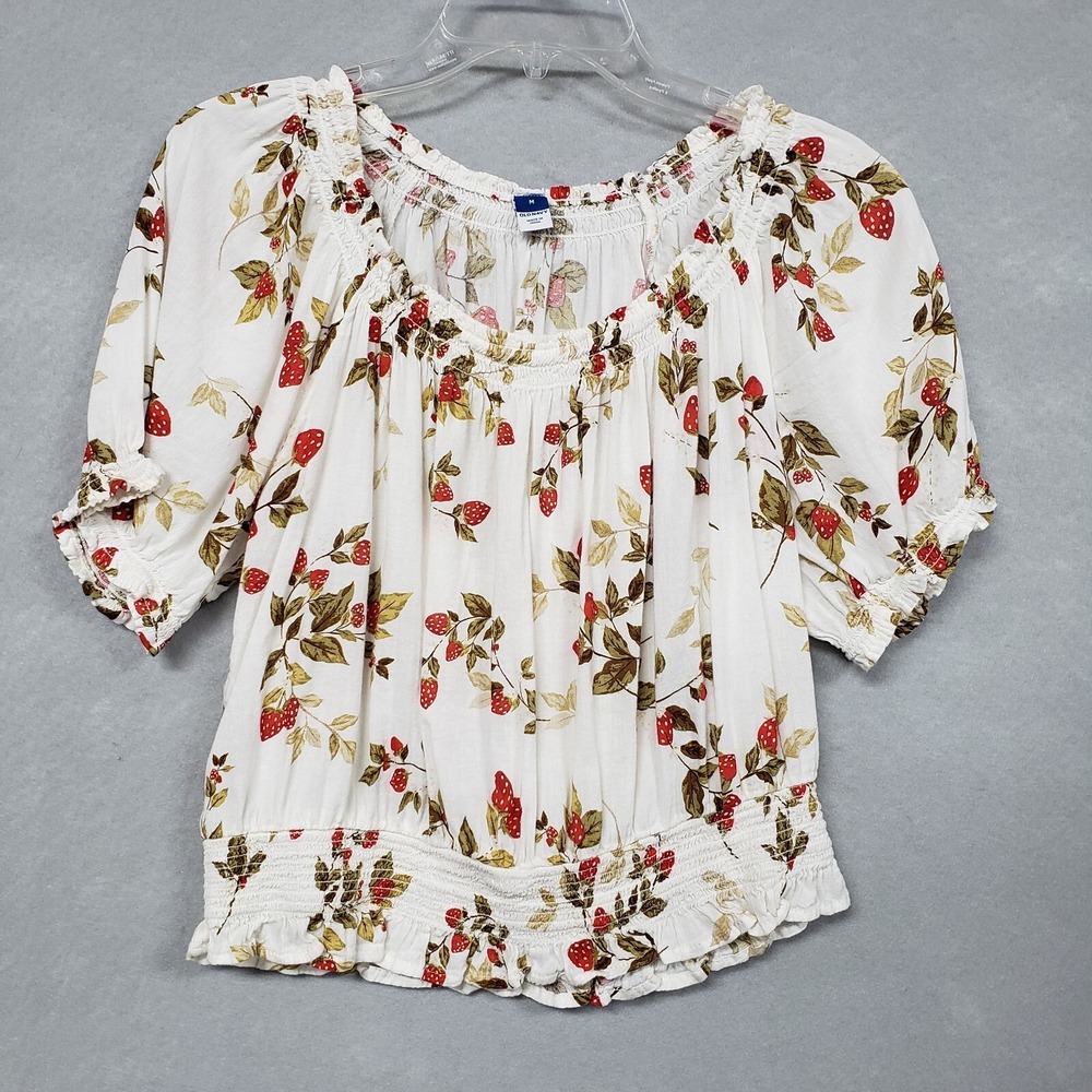 Old Navy Women M Blouse Ivory Strawberry Smocked Bubble Peasant Boho 822849-00